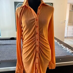 Orange Button-Up Ruched Dress